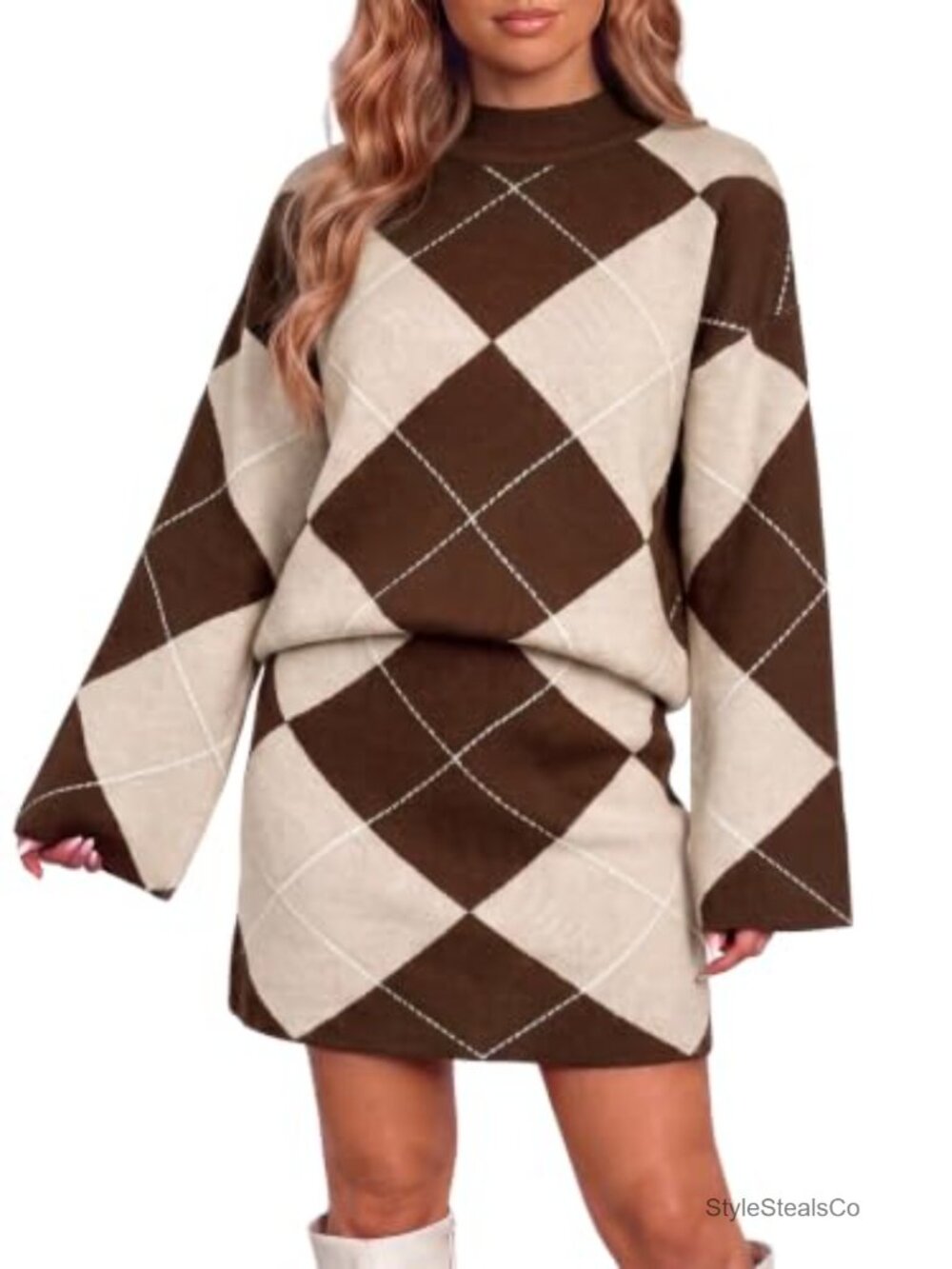 Wenrine Womens 2 Piece Argyle Sweater Skirt Set Mock Neck Mini Loose Knit